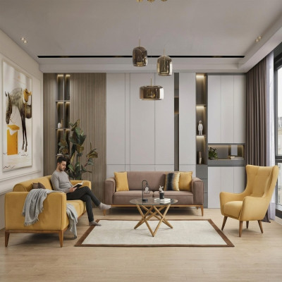 Ensemble de canapé complet e Sofa 431 Fauteuil 1 place Tissu Jaune Ensemble 3 pièces neuf