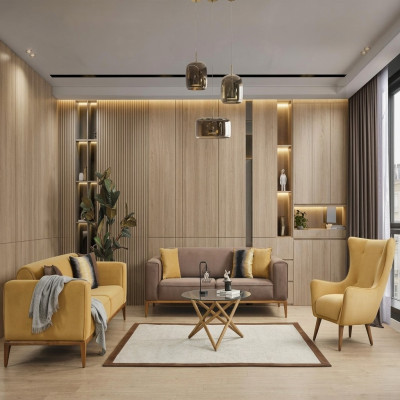 Ensemble de canapé complet e Sofa 431 Fauteuil 1 place Tissu Jaune Ensemble 3 pièces neuf