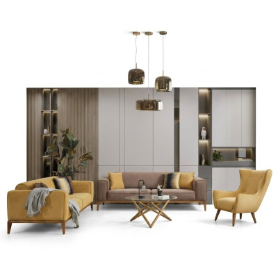 Ensemble de canapé complet e Sofa 431 Fauteuil 1 place Tissu Jaune Ensemble 3 pièces neuf