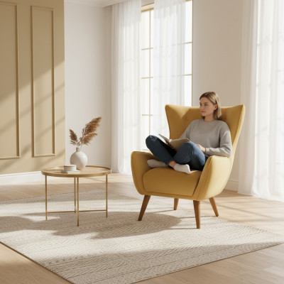 Fauteuil Fauteuil à ailes Fauteuil cocktail Tissu Salon en polyester Jaune Siège