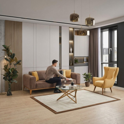 Ensemble de canapé 4 places en tissu jaune Beige moderne avec fauteuil