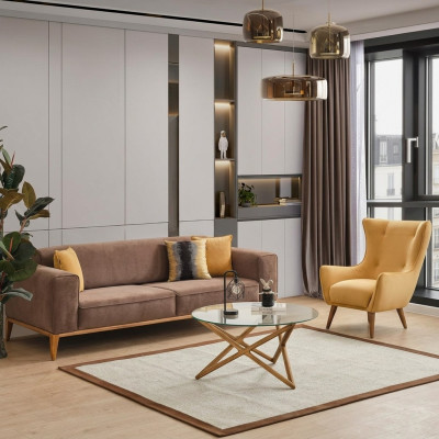 Ensemble de canapé 4 places en tissu jaune Beige moderne avec fauteuil