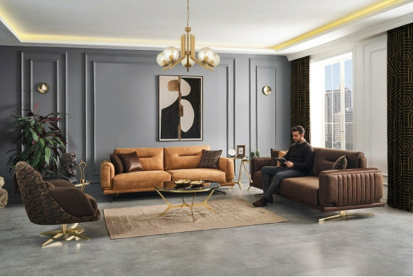 Ensemble de canapé complet Canapé 431 Fauteuil 1 siège Imitation cuir Marron Ensemble de 3 pièces