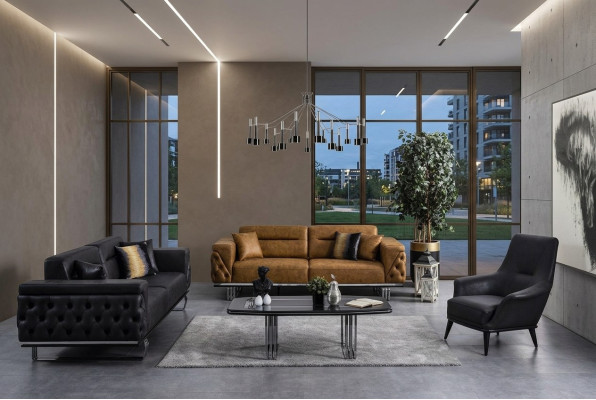 Canapé Chesterfield Ensemble de canapé 3 places 431 en simili cuir Canapés Noir