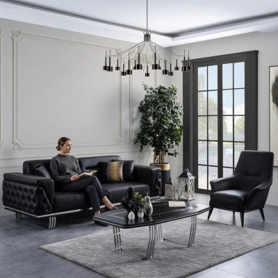 Ensemble de canapés complet e Sofa 41 Place Fauteuil Imitation cuir Noir Ensemble 2 pièces