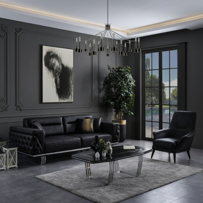 Ensemble de canapés complet e Sofa 41 Place Fauteuil Imitation cuir Noir Ensemble 2 pièces
