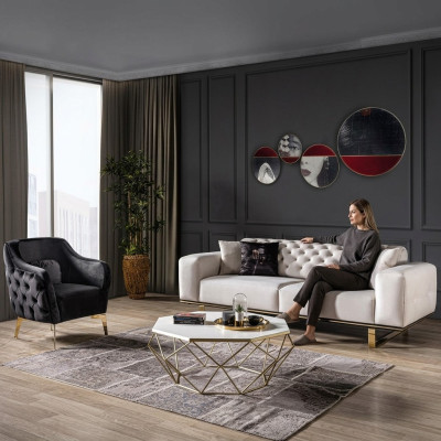 Ensemble de canapé Chesterfield - Canapé 3 places Fauteuil en tissu de luxe blanc.