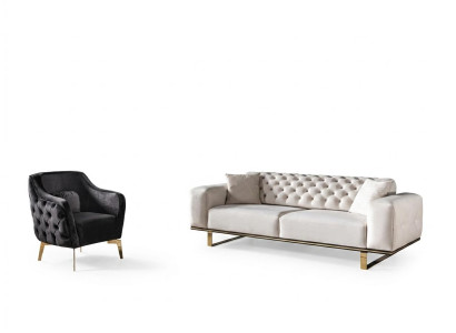 Ensemble de canapé Chesterfield - Canapé 3 places Fauteuil en tissu de luxe blanc.