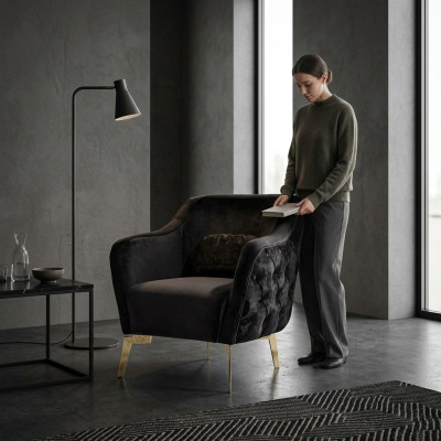 Fauteuil Chesterfield Fauteuil à ailes Tissu Salon Polyester Noir
