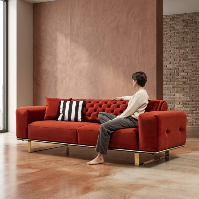 Canapé Chesterfield 3 places en tissu rouge, salon de luxe
