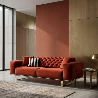 Canapé Chesterfield 3 places en tissu rouge, salon de luxe