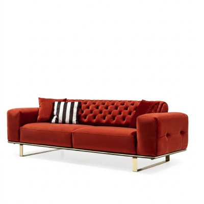 Canapé Chesterfield 3 places en tissu rouge, salon de luxe