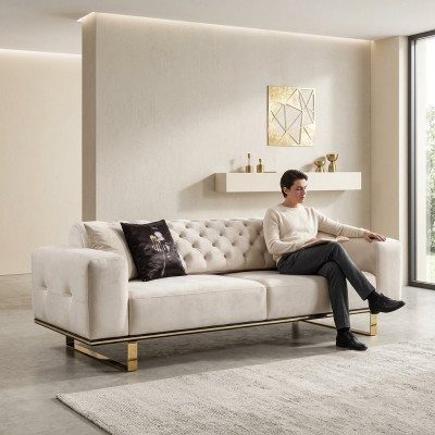 Canapé Chesterfield trois places 3 canapés en tissu blanc pour le salon, de luxe