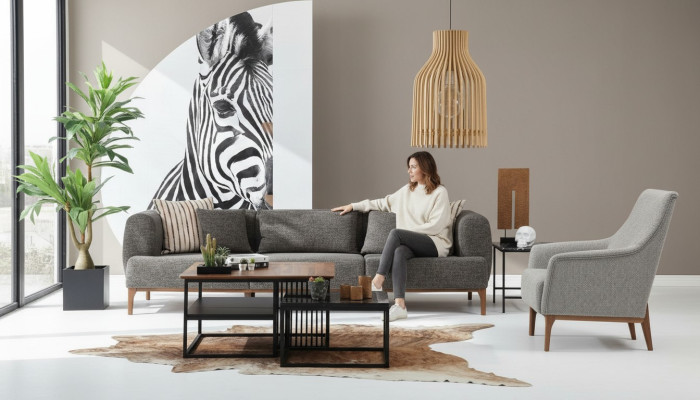 Ensemble de canapé à trois places, fauteuil moderne en tissu gris pour le salon.