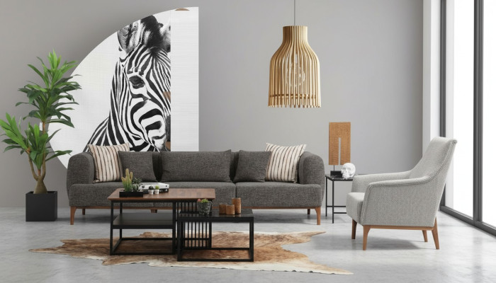 Ensemble de canapé à trois places, fauteuil moderne en tissu gris pour le salon.