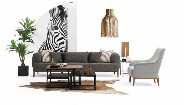 Ensemble de canapé à trois places, fauteuil moderne en tissu gris pour le salon.