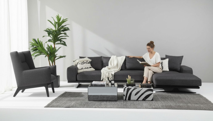 Canapé d'angle en forme de L Fauteuil Canapé Salon Gris Moderne Tissu Canapés 3 places