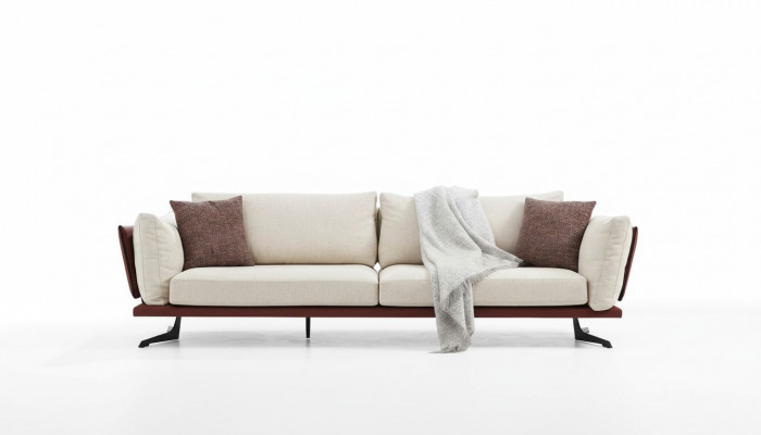 Canapé trois places en tissu beige design moderne pour salon de luxe.