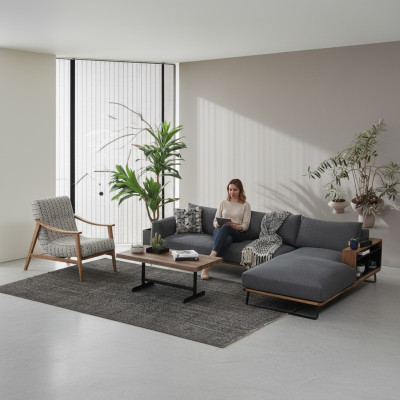 Canapé d'angle en L Gris, design moderne en tissu polyester pour le salon.