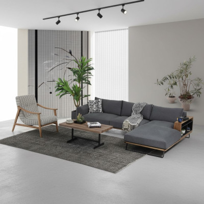 Canapé d'angle en L Gris, design moderne en tissu polyester pour le salon.