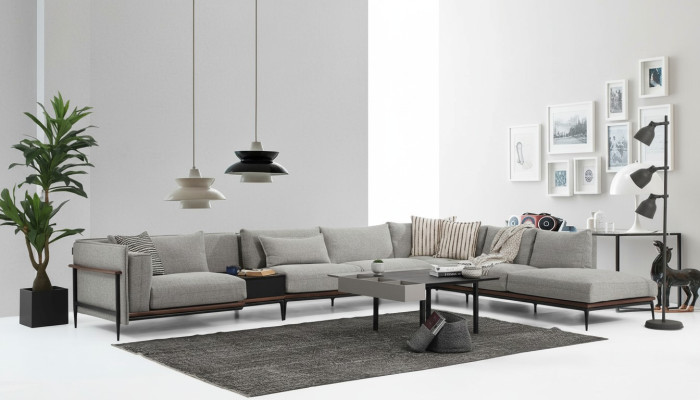 Canapé d'angle en L Canapé Gris Style Moderne Design en Tissu Salon Polyester XXL.