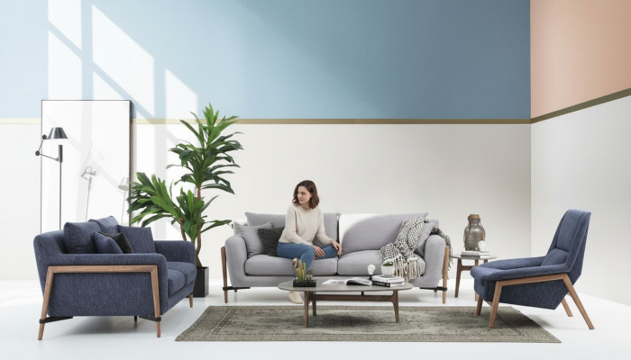 Sofa-Set 2-2-1 Canapé 2 Places Ensemble de Canapé en Tissu Moderne Bleu Groupe de Salon