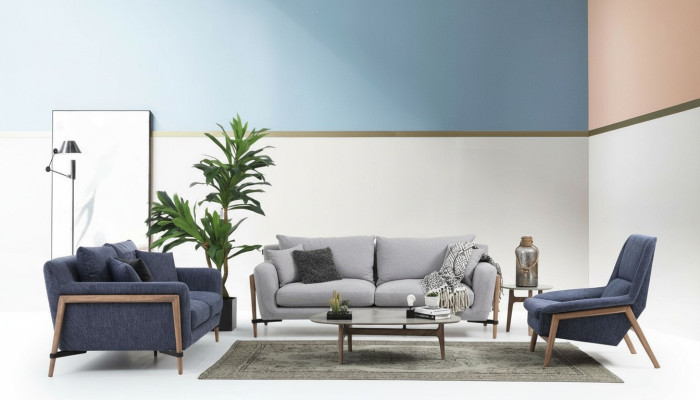 Sofa-Set 2-2-1 Canapé 2 Places Ensemble de Canapé en Tissu Moderne Bleu Groupe de Salon