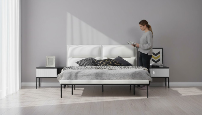 Lit cadre de lit double bois moderne blanc chambre à coucher design double