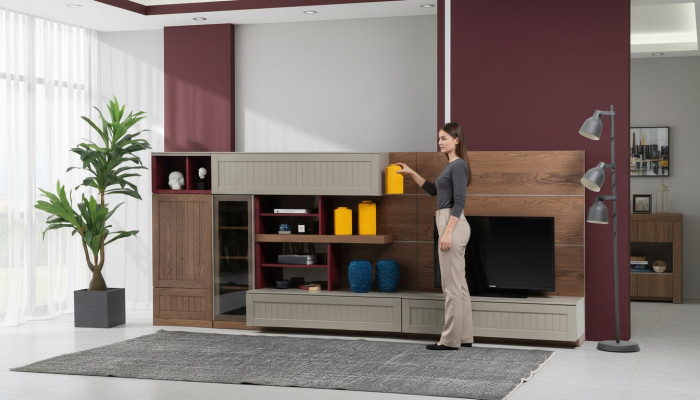 Unité murale Support TV Meuble TV Buffet vitrine Bois Moderne Brun Salon