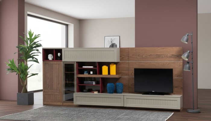Unité murale Support TV Meuble TV Buffet vitrine Bois Moderne Brun Salon