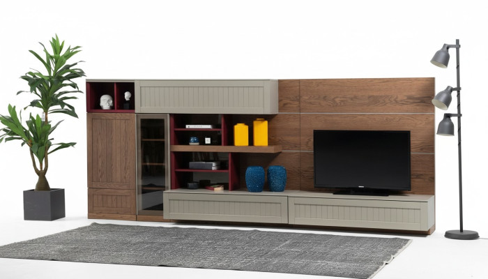 Unité murale Support TV Meuble TV Buffet vitrine Bois Moderne Brun Salon