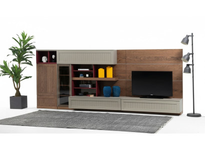 Unité murale Support TV Meuble TV Buffet vitrine Bois Moderne Brun Salon