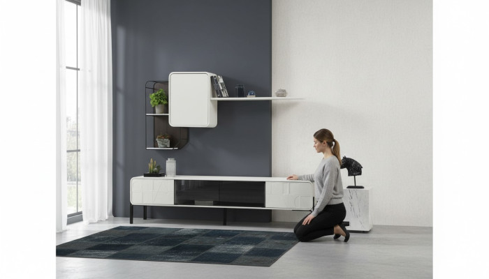 Unité murale Armoire TV Buffet bas Étagères Armoire Meuble TV Ensemble Bois Moderne Blanc