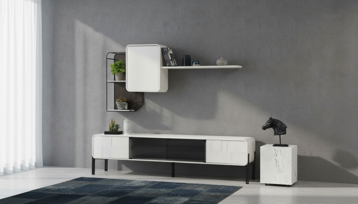 Unité murale Armoire TV Buffet bas Étagères Armoire Meuble TV Ensemble Bois Moderne Blanc