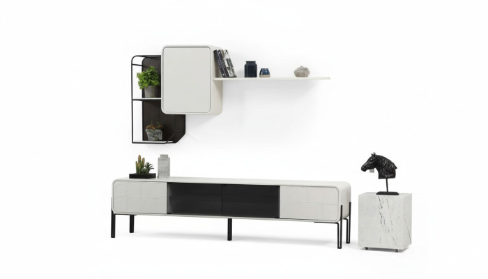 Unité murale Armoire TV Buffet bas Étagères Armoire Meuble TV Ensemble Bois Moderne Blanc