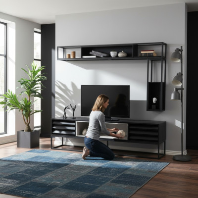 Ensemble de meuble télé mural Meuble TV-Cabinet Basse Bibliothèques Meuble TV en Bois Design Moderne Noir