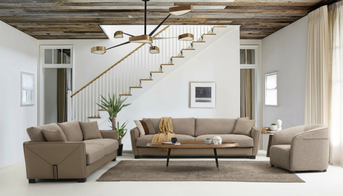 Ensemble de canapé moderne Set 331 Fauteuil 3 places Trois places Moderne Tissu Beige Ensemble 3 pièces