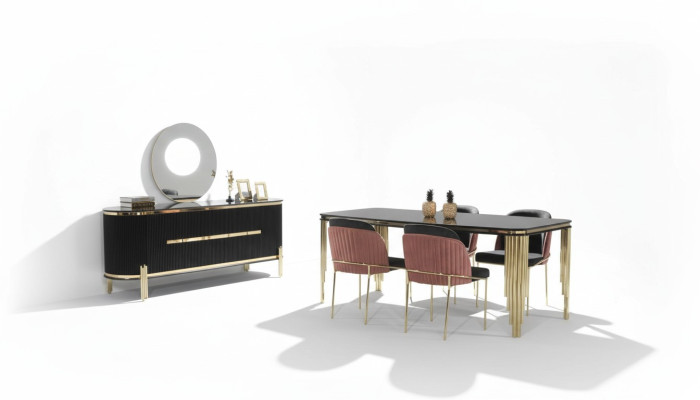 Mobilier de salle à manger moderne Ensemble de salle à manger Table à manger Chaises Mobilier en acier inoxydable noir