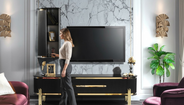 Meuble TV bas de luxe moderne Meuble TV Buffet Meuble TV Mobilier de salon noir or