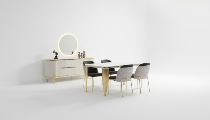 Luxury Salle à manger Ensemble Salle à manger Table à manger Chaises Ensemble 6 pièces Or Blanc