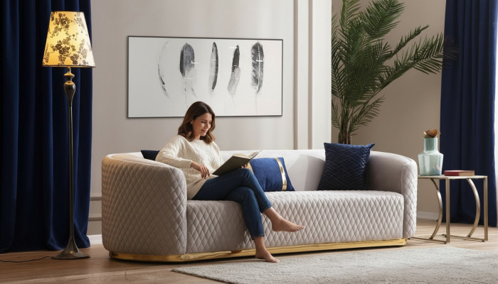 Canapé de luxe en acier inoxydable beige avec trois places, design de canapé pour le salon