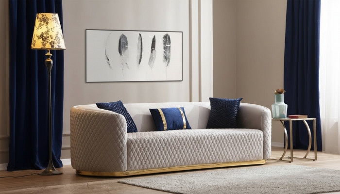 Canapé de luxe en acier inoxydable beige avec trois places, design de canapé pour le salon