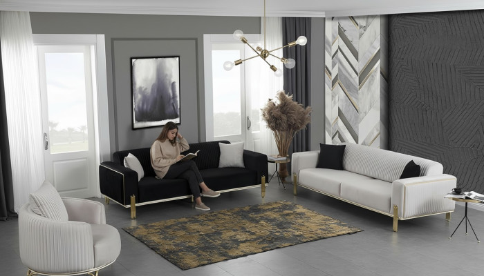 Ensemble de canapé de luxe trois places, fauteuil moderne en tissu, ensemble de meubles 3 pièces noir 3+3+1