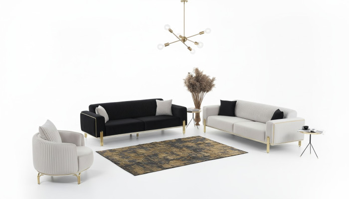 Ensemble de canapé de luxe trois places, fauteuil moderne en tissu, ensemble de meubles 3 pièces noir 3+3+1