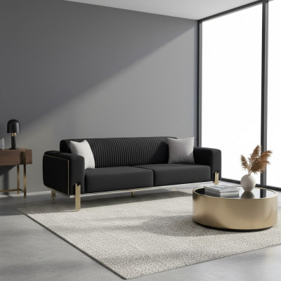 Moderne canapé trois places noir avec un revêtement en acier inoxydable.