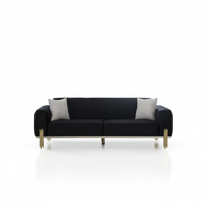 Moderne canapé trois places noir avec un revêtement en acier inoxydable.