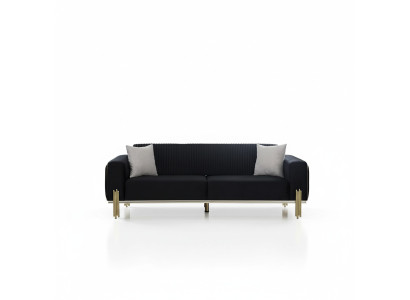 Moderne canapé trois places noir avec un revêtement en acier inoxydable.