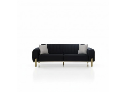 Moderne canapé trois places noir avec un revêtement en acier inoxydable.