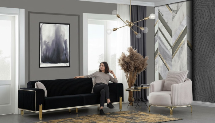 Ensemble de canapé moderne trois places avec fauteuil assorti et revêtement en acier inoxydable 2 pièces.
