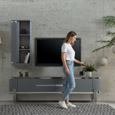 Meuble TV armoire TV bas étagères bahut table moderne gris luxe neuf